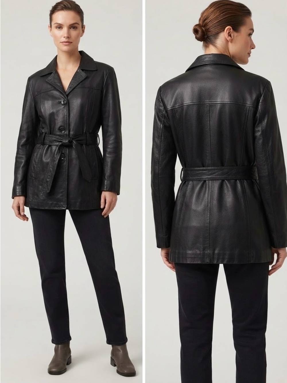 Women’s Black Leather Belted Jacket